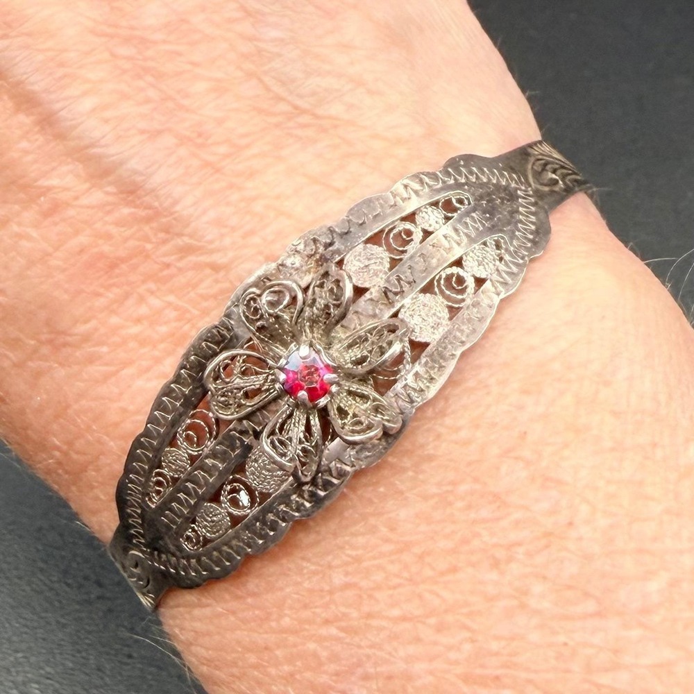 Petite Vtg Sterling Silver Filigree Cuff Bracelet AB Rhinestone 6.25 inch